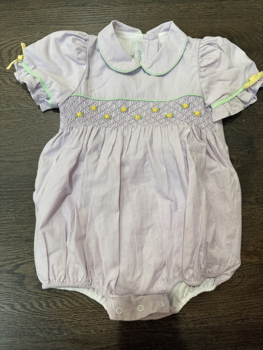Lavender Smocked Bubble Romper with Yellow Accents - Brand: